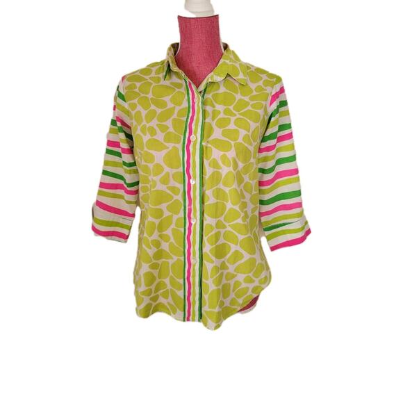 GRETCHEN SCOTT Boyfriend Shirt Art To Wear Stripes Leaves M Cotton Dopaminecore - Picture 10 of 15